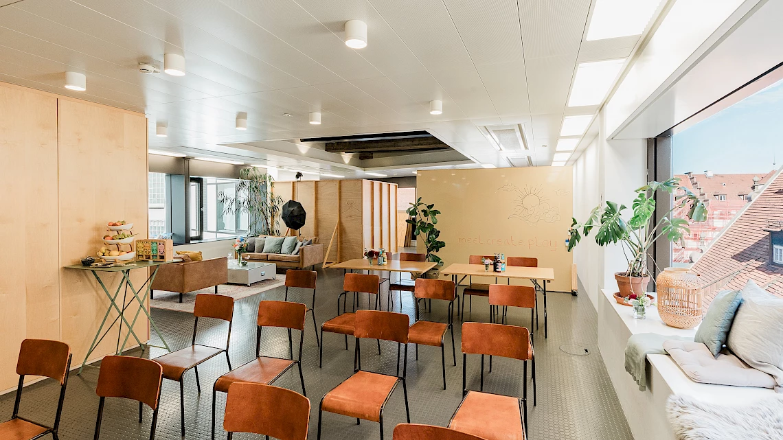 Reihenbestuhlung im der lichtdurchfluteten Eventlocation Studio