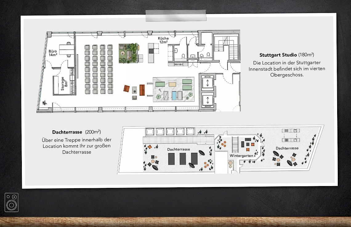 Site plan of the OutOfOffice location with two roof terraces for getting married in Stuttgart