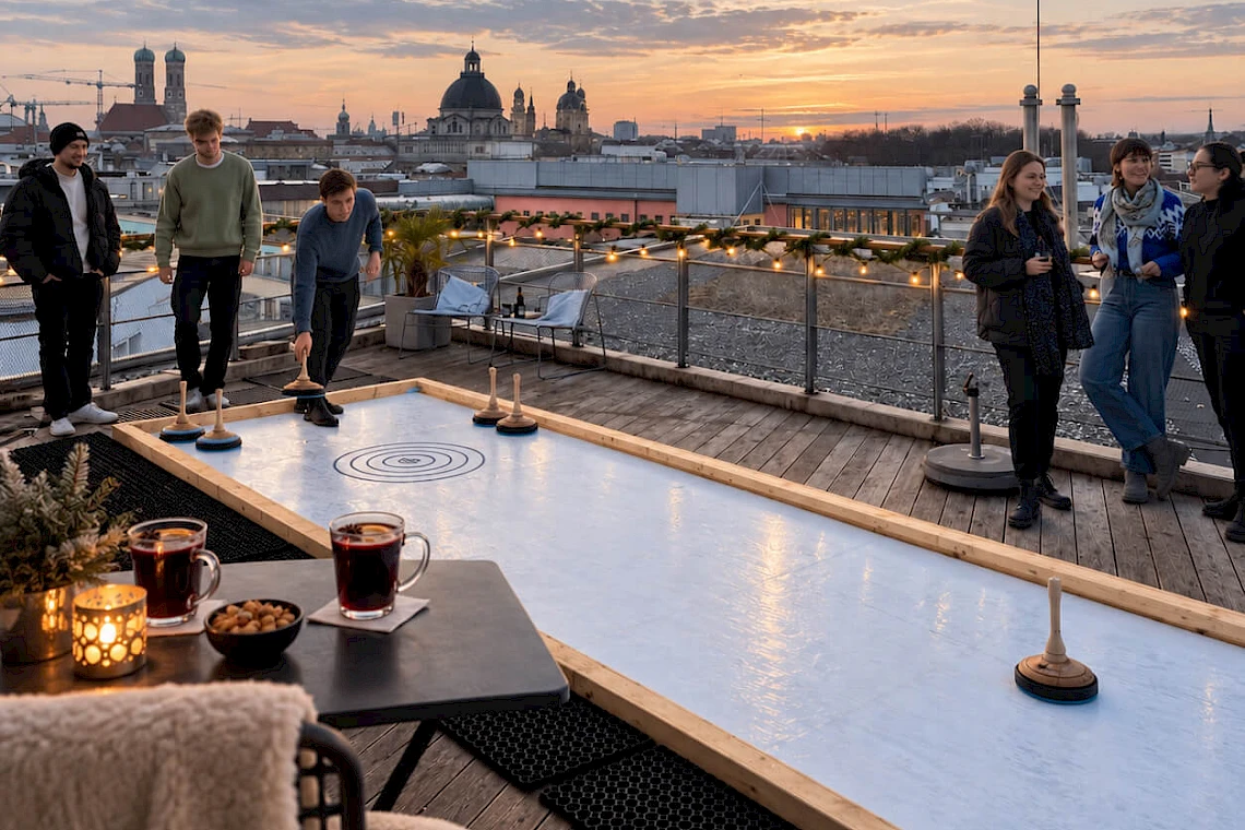 Christmas party venue in Munich’s Eisbach district, featuring curling on the roof terrace