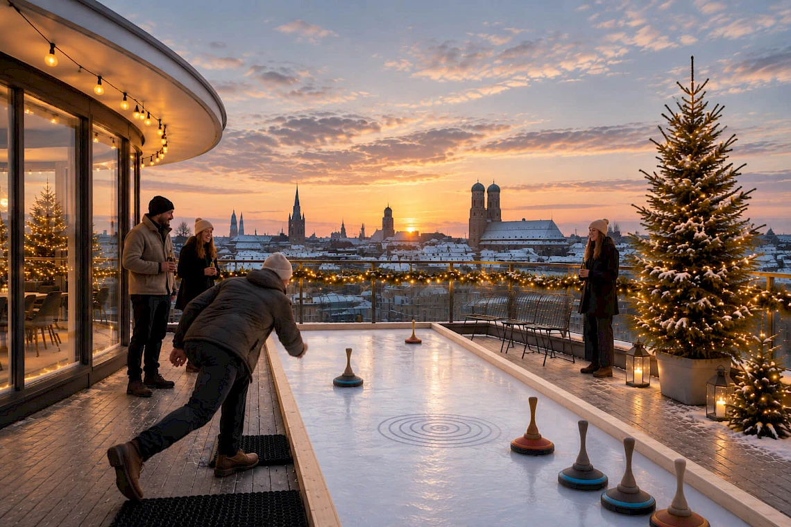 A modern Christmas party venue in Munich’s Eisbach district, featuring an ice curling rink on the roof terrace