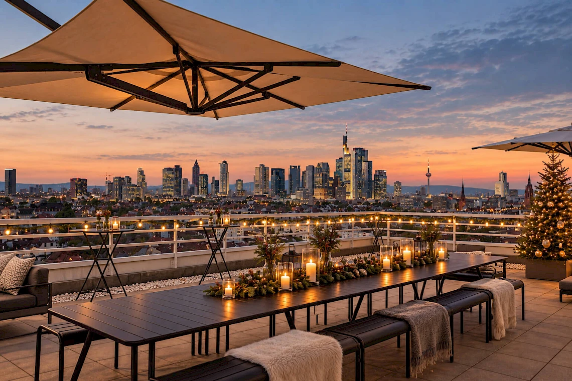 A festive atmosphere on the roof terrace of the Christmas party venue in Frankfurt, with views of the skyline