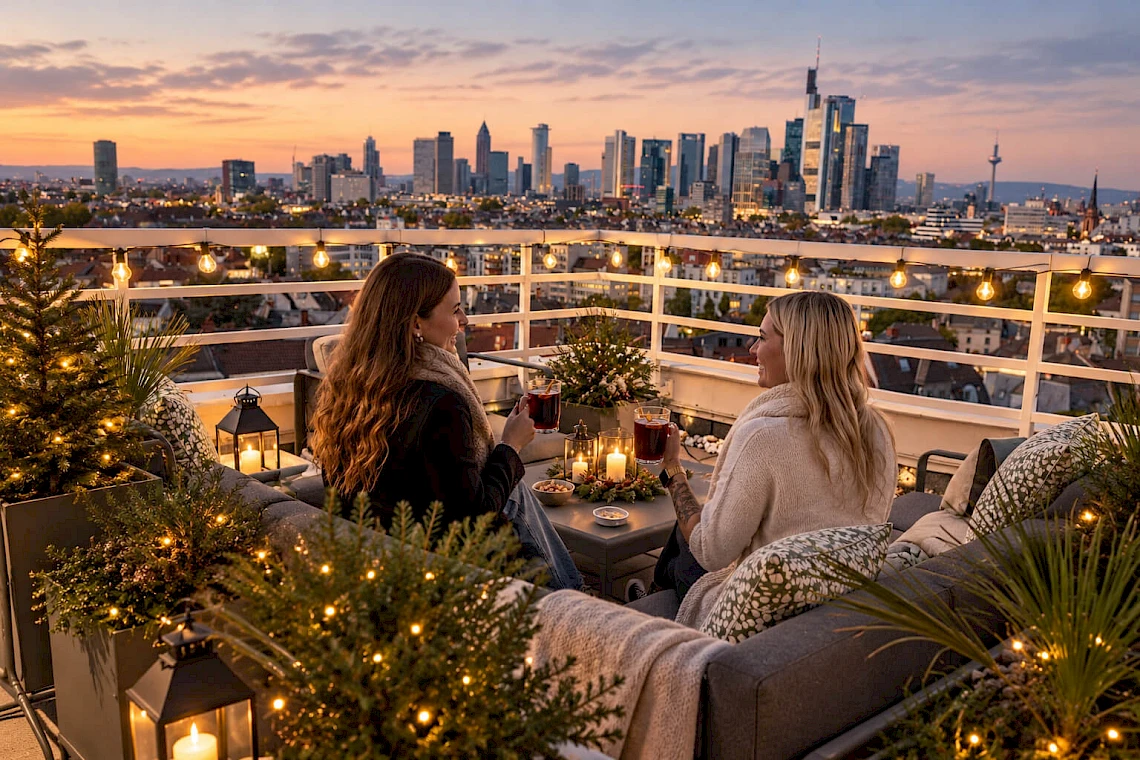 Christmas party venue in Frankfurt with a cosy seating area on the roof terrace and views of the skyline