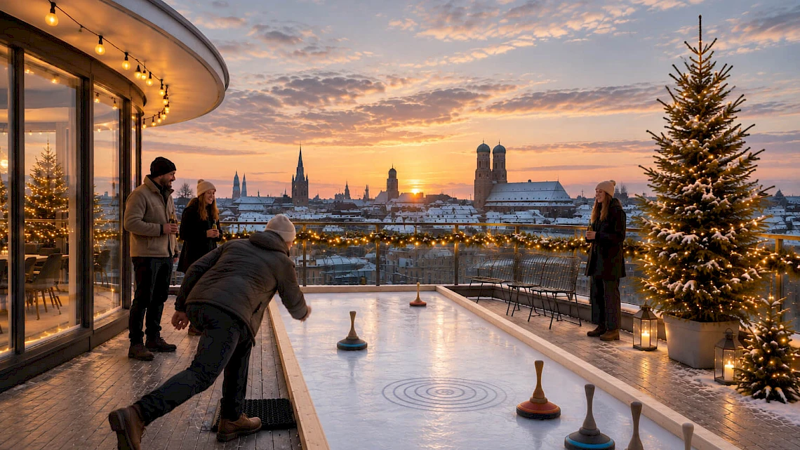 Weihnachtsfeier Location für Firmen in München mit Eisstockbahn auf der Dachterrasse