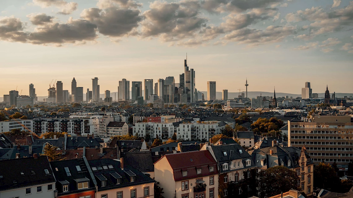 Ausblick von unserer Sommerfest Location auf die Frankfurter Skyline