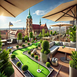 Minigolf auf der Dachterrasse im OutOfOffice Stuttgart als Aktivität für euer Event